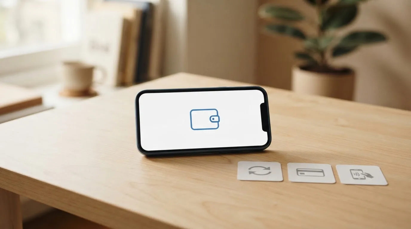 Smartfon leży na biurku z prostą ikoną portfela na ekranie i trzema małymi symbolami metod płatności obok niej