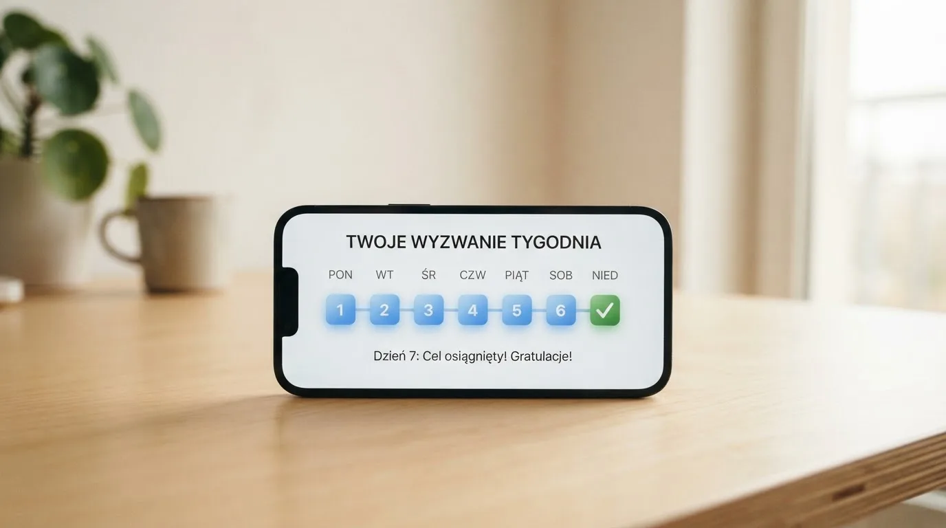 Dłoń trzyma smartfon z prostym kalendarzem, na którym zaznaczono siedem dni i jeden zielony haczyk na końcu