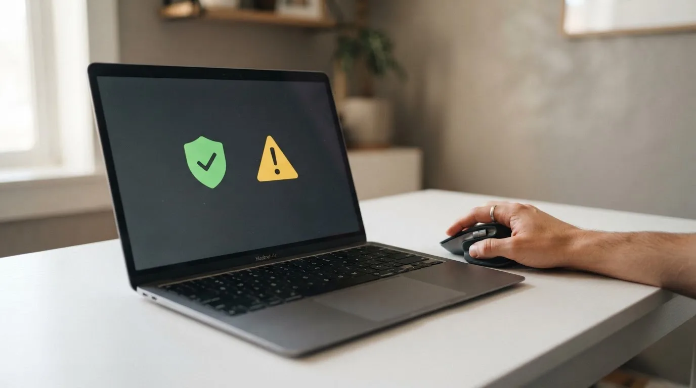 Laptop na biurku pokazuje prostą ikonę tarczy obok żółtego trójkąta ostrzegawczego, dłoń spoczywa na myszce