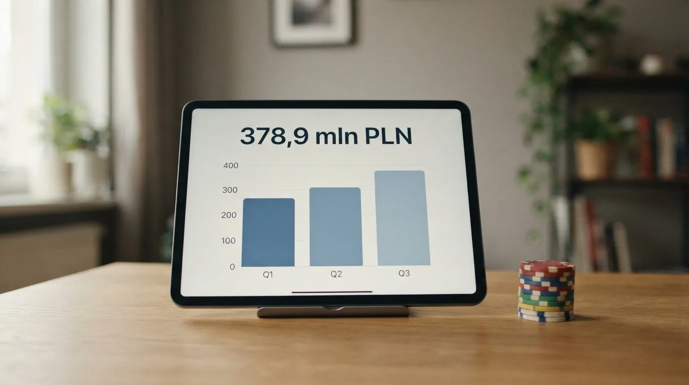 Na biurku stoi tablet z prostym wykresem słupkowym i jedną liczbą, obok leży niewielki stos monet